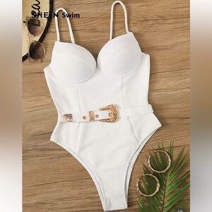 SHEIN Swim Textured Underwire with Belt White One Piece Swimwear Size Small